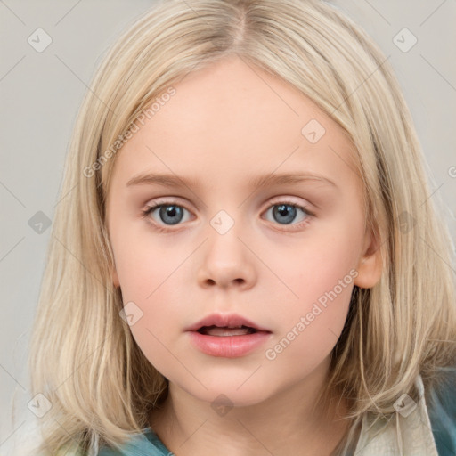 Neutral white child female with medium  brown hair and blue eyes