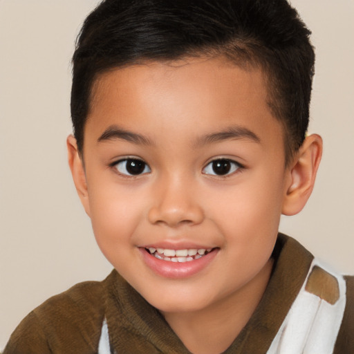 Joyful white child female with short  brown hair and brown eyes