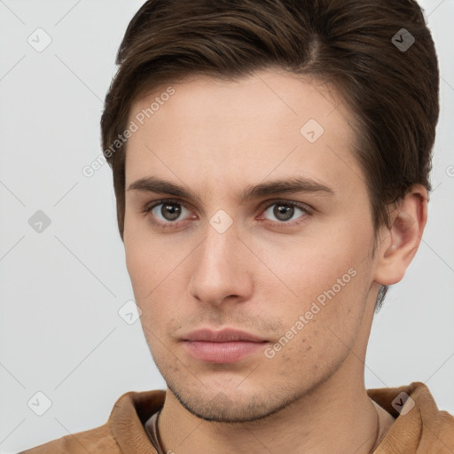 Neutral white young-adult male with short  brown hair and brown eyes