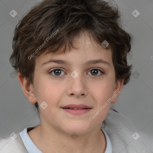 Joyful white child female with short  brown hair and brown eyes