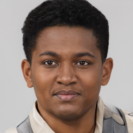 Joyful black young-adult male with short  brown hair and brown eyes