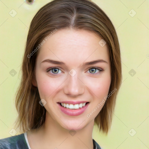 Joyful white young-adult female with medium  brown hair and green eyes