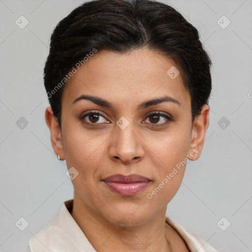 Joyful white young-adult female with short  brown hair and brown eyes