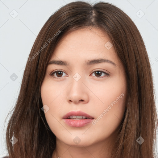 Neutral white young-adult female with long  brown hair and brown eyes