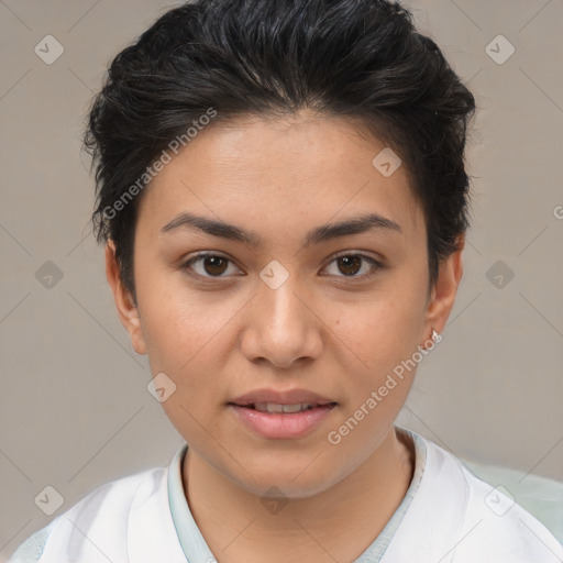 Joyful white young-adult female with short  brown hair and brown eyes