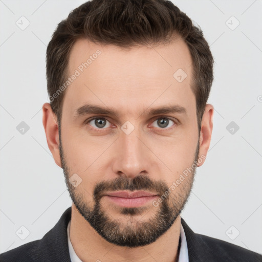 Neutral white young-adult male with short  brown hair and brown eyes