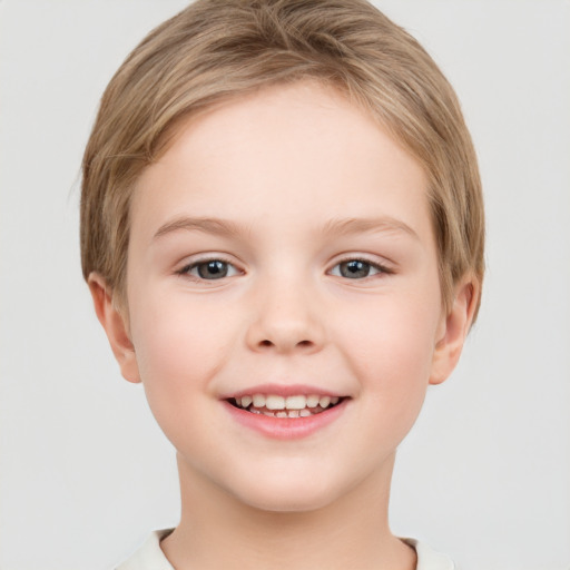 Joyful white child female with short  brown hair and brown eyes