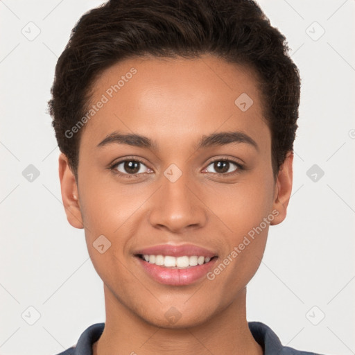 Joyful white young-adult female with short  brown hair and brown eyes