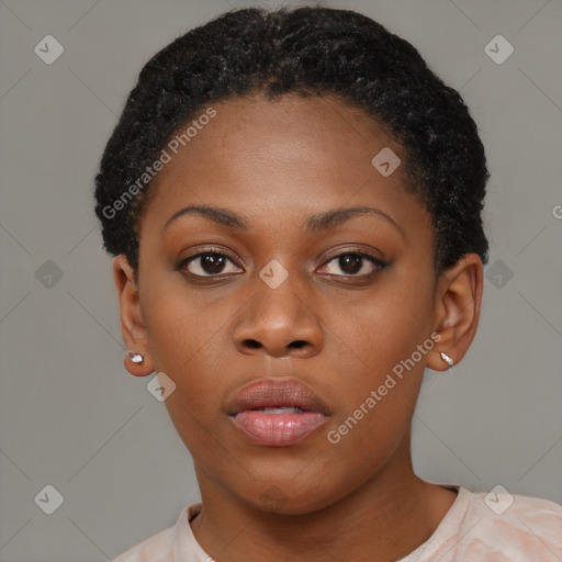 Neutral black young-adult female with short  brown hair and brown eyes