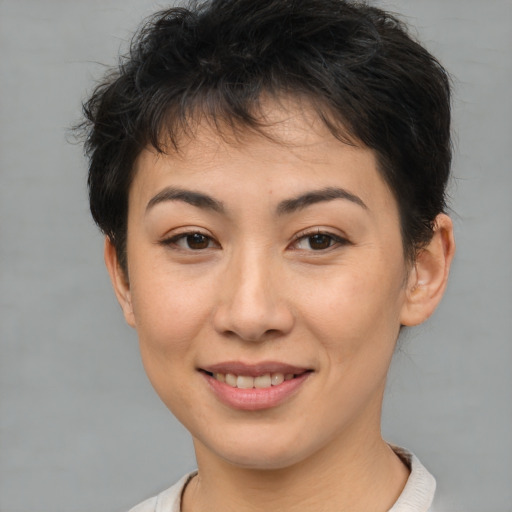 Joyful asian young-adult female with short  brown hair and brown eyes