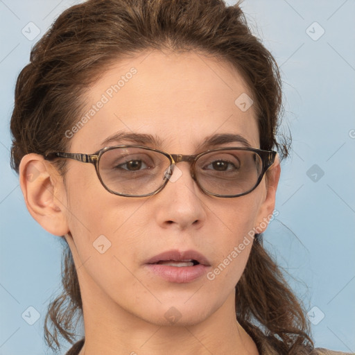 Neutral white young-adult female with short  brown hair and brown eyes