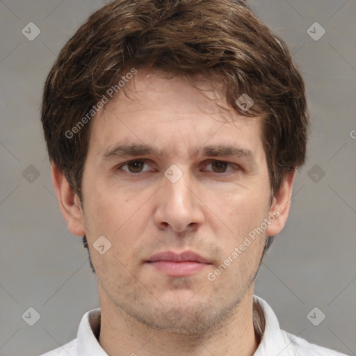 Neutral white adult male with short  brown hair and brown eyes