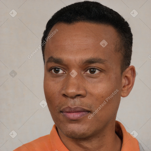 Joyful black young-adult male with short  black hair and brown eyes