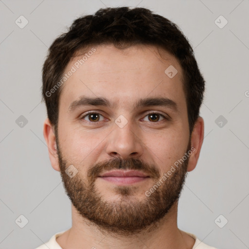 Neutral white young-adult male with short  brown hair and brown eyes