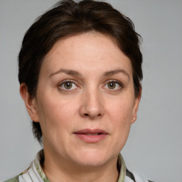 Joyful white adult female with medium  brown hair and grey eyes