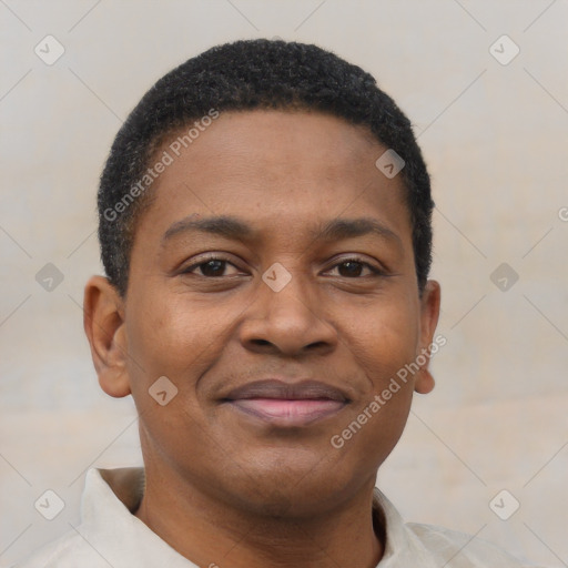 Joyful black young-adult male with short  brown hair and brown eyes