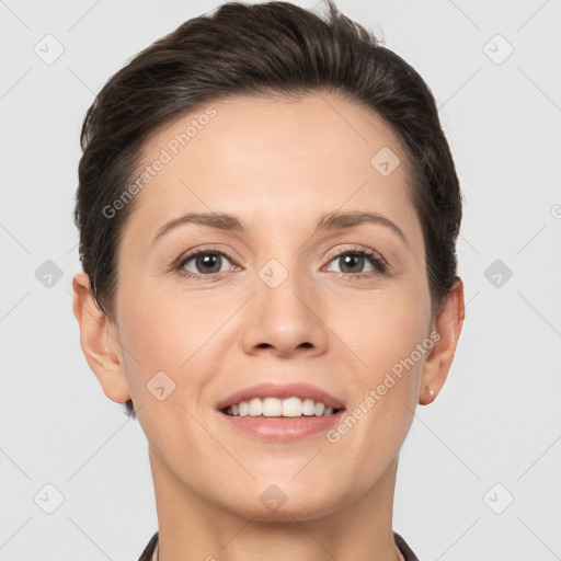 Joyful white young-adult female with short  brown hair and brown eyes