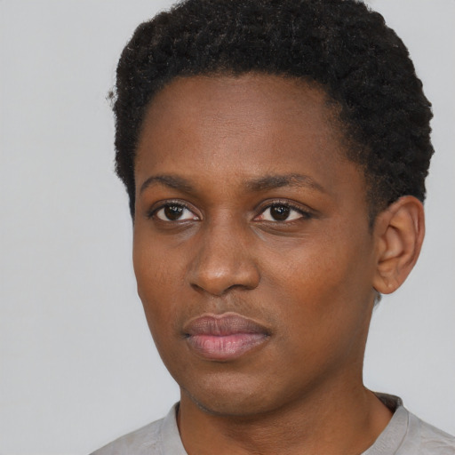 Neutral black young-adult female with short  black hair and brown eyes