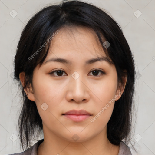 Neutral asian young-adult female with medium  brown hair and brown eyes