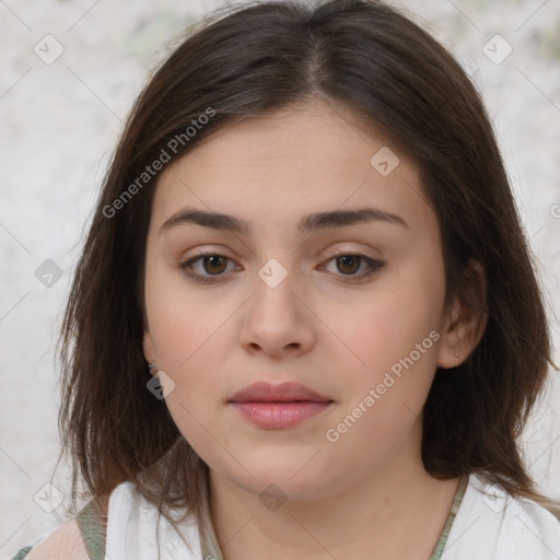 Neutral white young-adult female with medium  brown hair and brown eyes