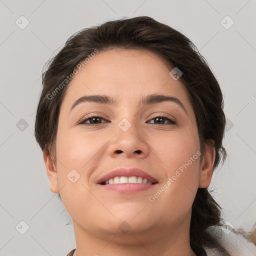 Joyful white young-adult female with medium  brown hair and brown eyes