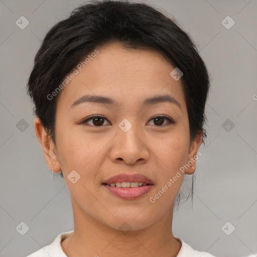 Joyful asian young-adult female with short  brown hair and brown eyes