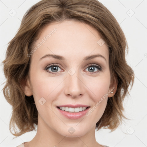 Joyful white young-adult female with medium  brown hair and green eyes