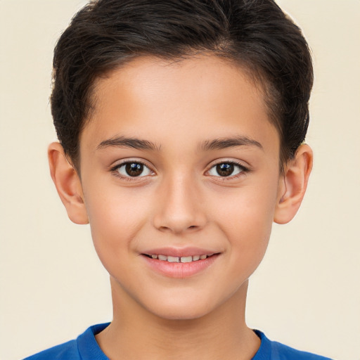 Joyful white child female with short  brown hair and brown eyes