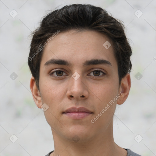 Neutral white young-adult male with short  brown hair and brown eyes