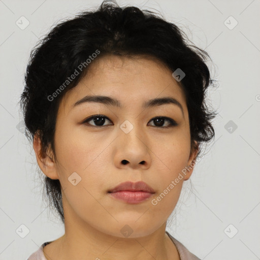 Neutral asian young-adult female with medium  brown hair and brown eyes