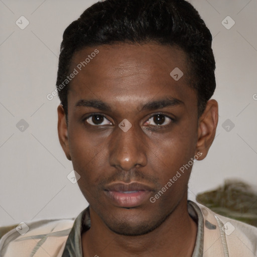 Neutral latino young-adult male with short  black hair and brown eyes