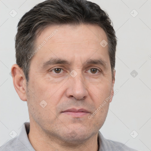 Neutral white adult male with short  brown hair and brown eyes