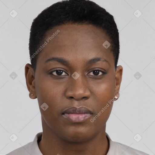 Neutral black young-adult female with short  black hair and brown eyes