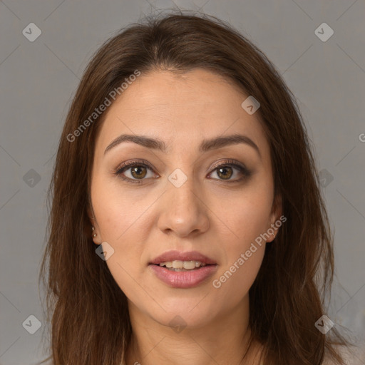 Joyful white young-adult female with long  brown hair and brown eyes