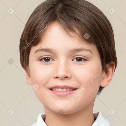 Joyful white child female with short  brown hair and brown eyes