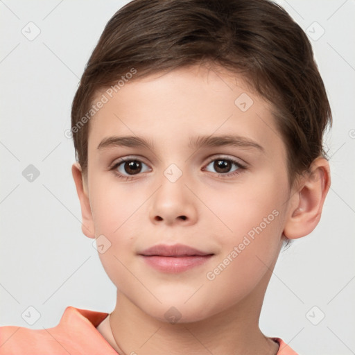 Joyful white child female with short  brown hair and brown eyes