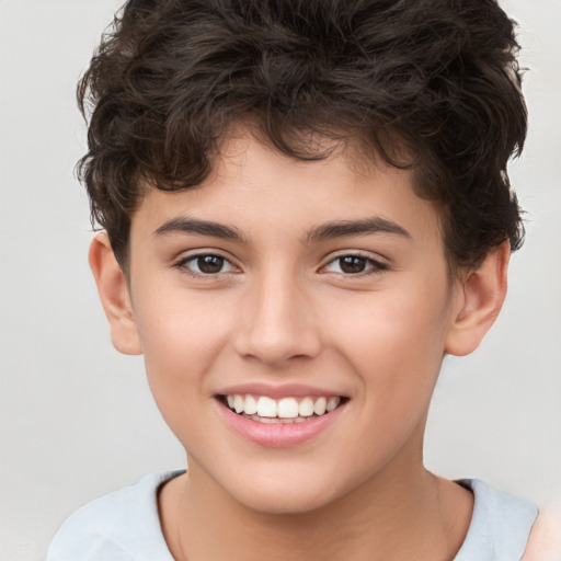 Joyful white child female with short  brown hair and brown eyes