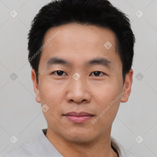 Neutral asian young-adult male with short  black hair and brown eyes