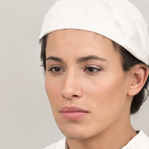 Neutral white young-adult female with medium  black hair and brown eyes