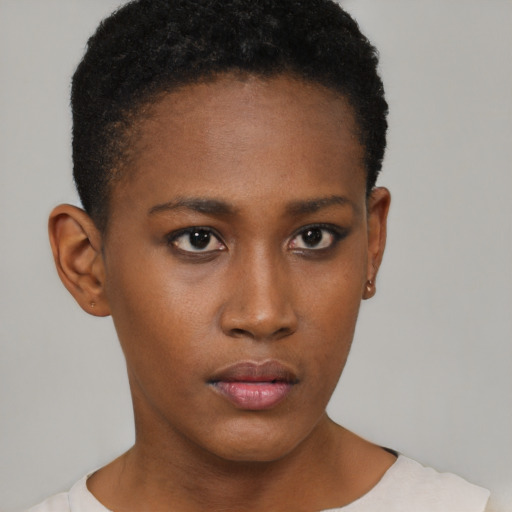 Neutral black young-adult female with short  black hair and brown eyes