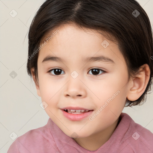 Joyful white child female with medium  brown hair and brown eyes