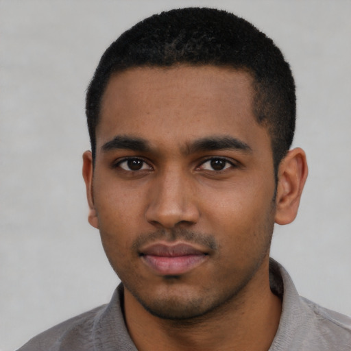 Neutral black young-adult male with short  black hair and brown eyes