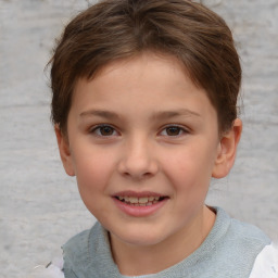 Joyful white child female with short  brown hair and brown eyes