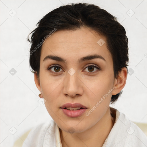 Joyful white young-adult female with short  brown hair and brown eyes