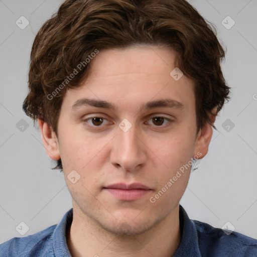 Neutral white young-adult male with short  brown hair and grey eyes