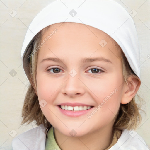 Joyful white child female with medium  brown hair and brown eyes