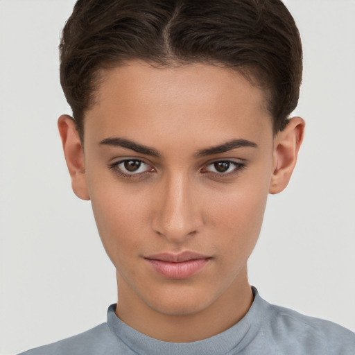 Neutral white young-adult female with short  brown hair and brown eyes