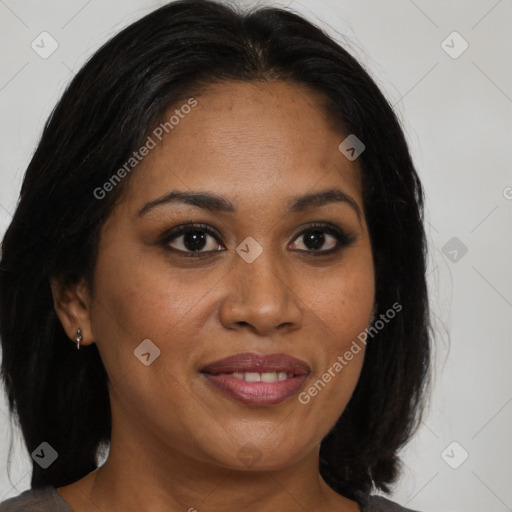 Joyful black young-adult female with medium  brown hair and brown eyes