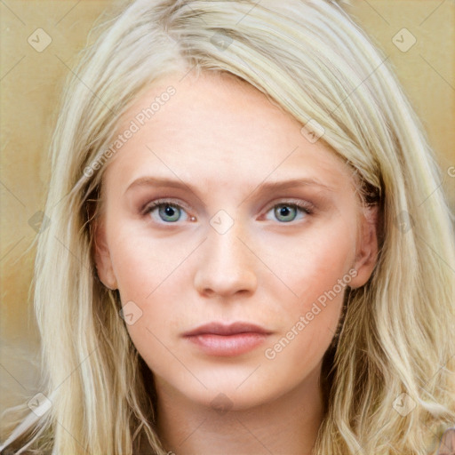 Neutral white young-adult female with long  blond hair and blue eyes