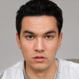 Neutral white young-adult male with short  black hair and brown eyes
